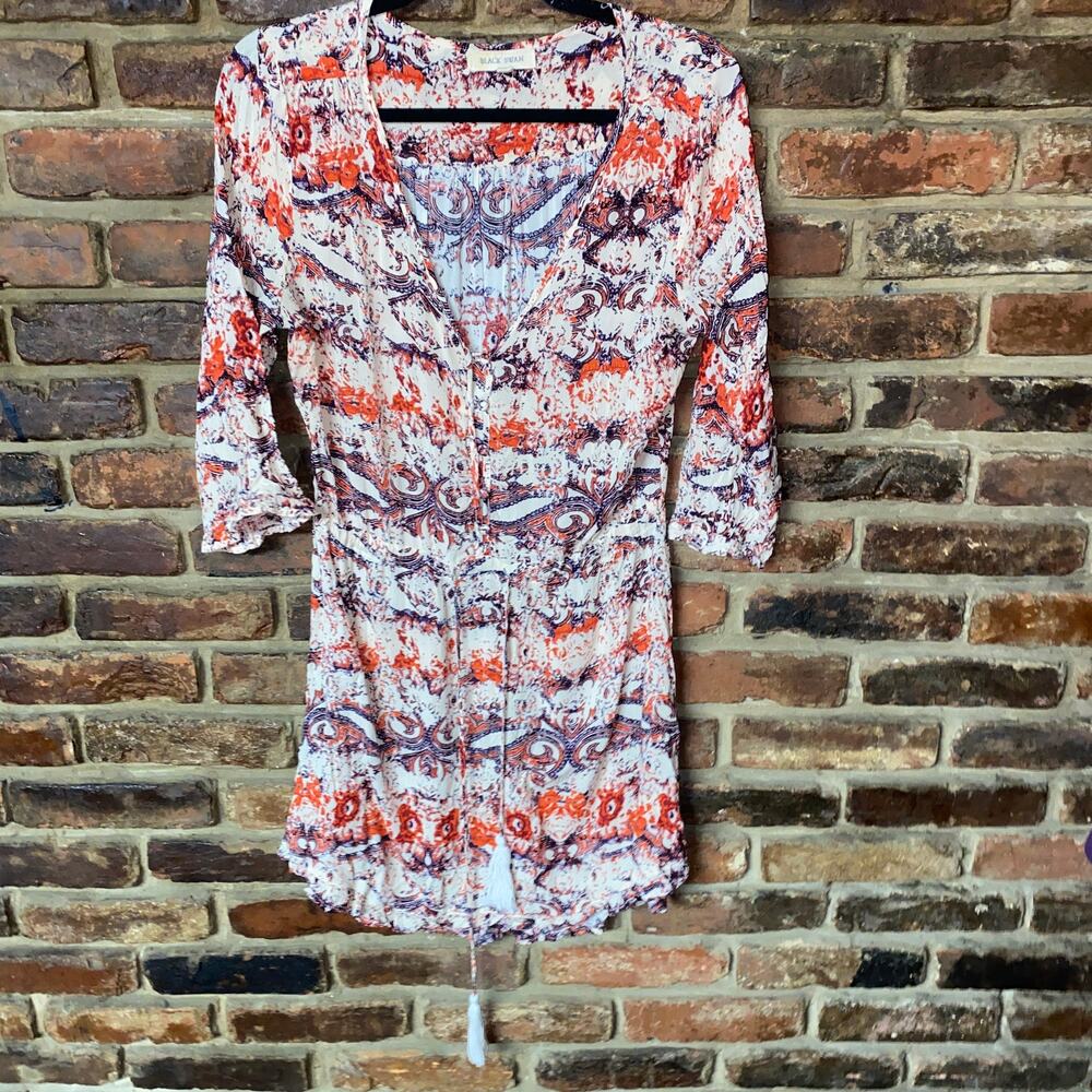 Black Swan Multicolored Print 3/4 Sleeve Mini Tassel Tie Dress Womens Size Large